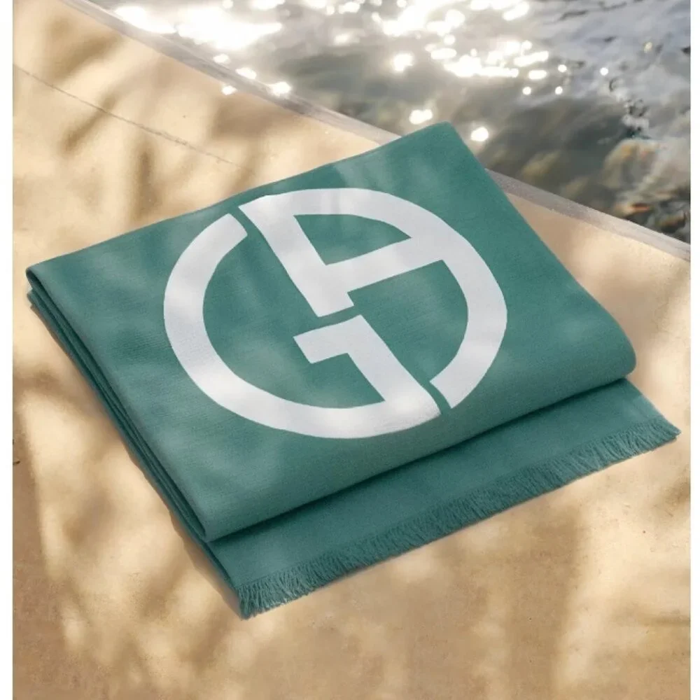 Giorgio Armani Beach Towel &Tote Set,Green Cotton Towel with Cream Bag,Boxed,NEW